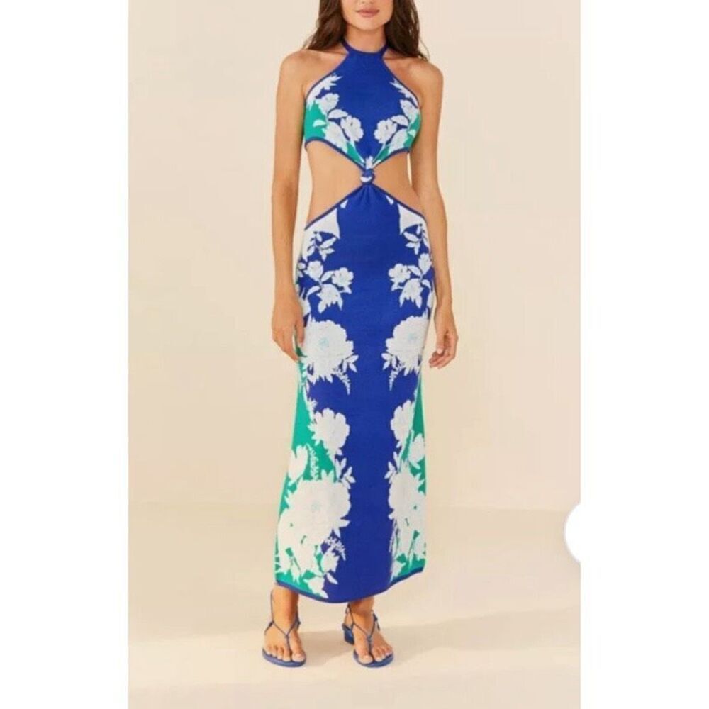 Farm Rio Soft Garden Blue Floral Knit Cutout Midi Dress XS